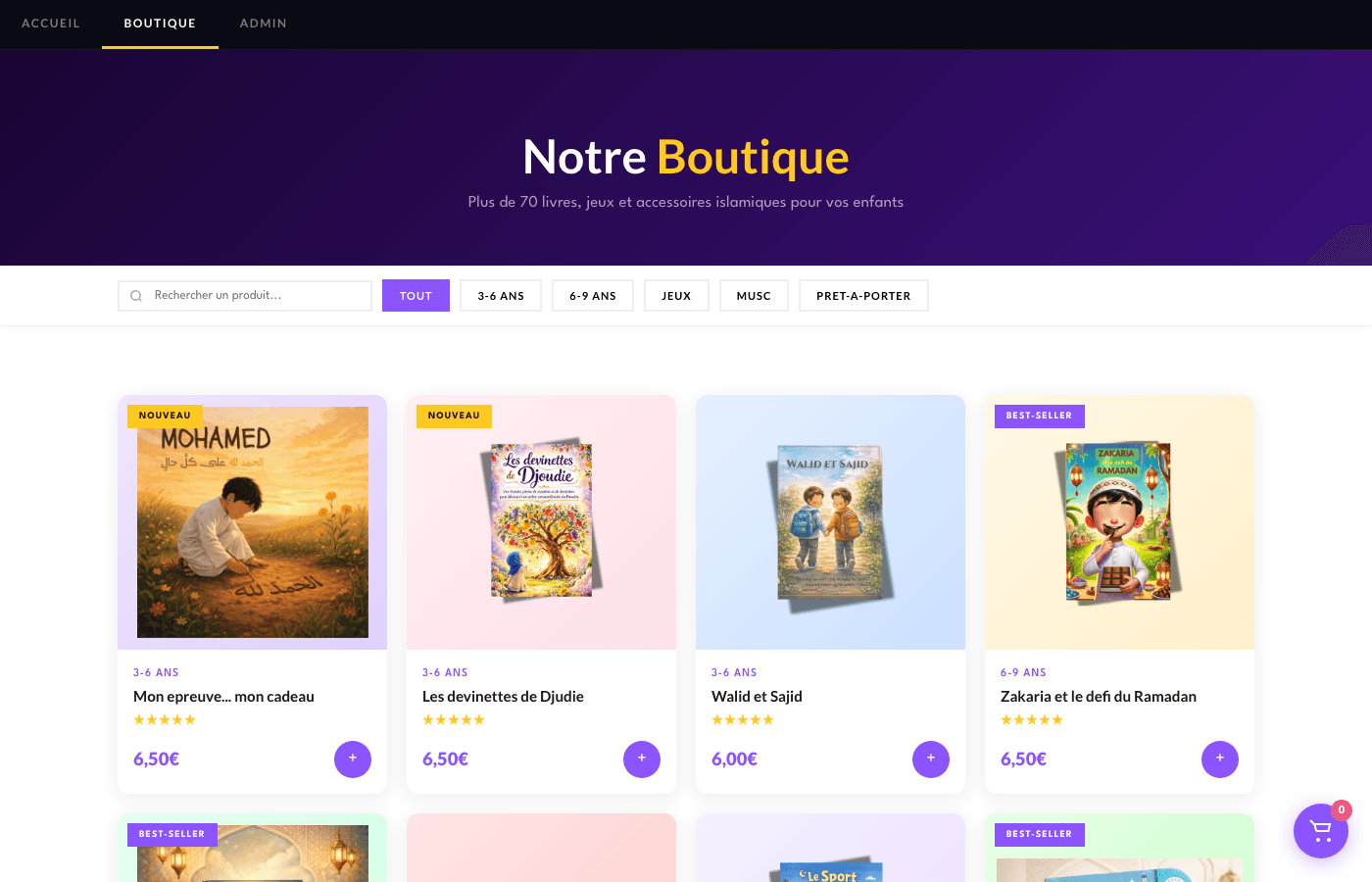 Page boutique avec filtres par catégorie